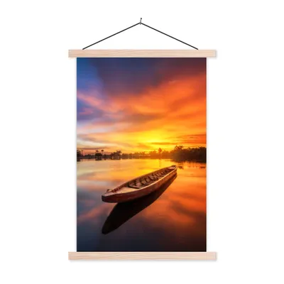 Produktbild von MuchoWow® Textilposter Boot - Wasser - Sonnenuntergang - Orange - Wasser 120x180 cm mit holzfarbenen Rahmen - Textil-Plakat