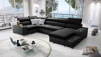 Produktbild von Wohnlandschaft in U-Form PERS IV MINI Ecksofa Eckcouch mit Schlaffunktion (Schwarz SAWANA 14 + schwarzes Kunstleder, Rechts)