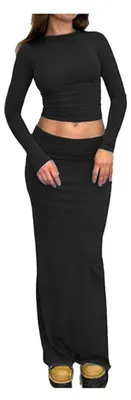 Productafbeelding van QKEPCY Damen Tweedelige set: crop top en rok, 2-delige outfit, trui, midikledingstuk