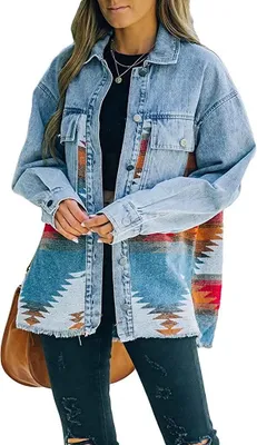 Produktbild von ASKSA Damen Jeansjacke Revers Langarm Vintage Button Down Oversize Boyfriend Cardigan Print Hemdjacke, Orange, XL
