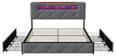 Produktbild von Polsterbett Samt - Doppelbett 140x200 cm - Stauraum mit 4 Schubladen - LED Beleuchtung und USB - Kopfteil mit Lattenrost - Grau