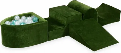 Produktbild von Schaumstoff-Spielset mit Hügel und Mikro-Bällepool – Samtig weiches Olivgrün + 100 Bällebadbälle / transparent, perlmutt, metallic türkis