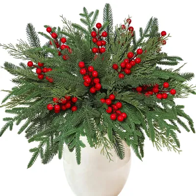 Produktbild von 60 Stück Künstliche Tannenzweige mit Roten Beeren für Weihnachtsdekoration