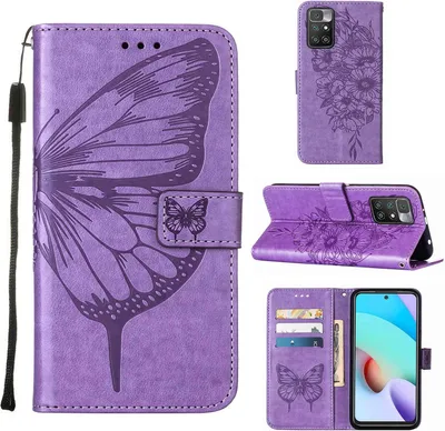 A collage of images showing a purple butterfly-embossed flip leather phone case for a Xiaomi Redmi 10.
