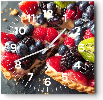 Produktbild von Wanduhr - Quadrat - Glasuhr - Kuchen Dessert Obst Erdbeere - 40x40cm - Schleichendes Uhrwerk - Lautlos - zum Aufhängen bereit - Dekoration Modern - Wanddekoration aus Glas - C4AC40x40-2871