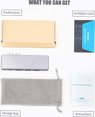 A flat lay image showing the contents of a product package, including a box, a USB hub, a storage bag, an invitation card, and an instruction manual.