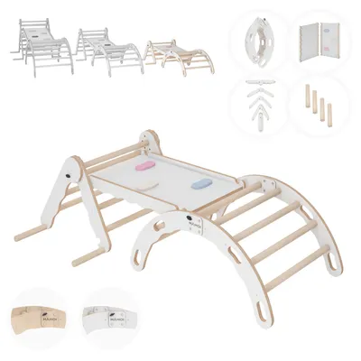 Produktbild von MAMOI® Set Klettergerüst indoor, Kletterdreieck mit rutsche aus holz, Kletterbogen, Baby kinder klettern, Regenbogenwippe mit Rutschbrett, Holzbogen