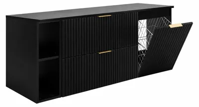 Immagine prodotto di Set di mobili da bagno con cesto per la biancheria, colore nero / maniglie nere, dimensioni 140 x 57 x 46 cm, Immagine generata dall'IA