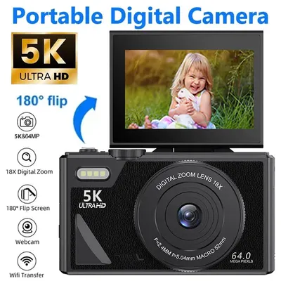 Produktbild von 75-MP-Digitalkamera mit 5K-UHD-Auflösung für Fotografie, 18-fach-Zoom, Vlog-Camcorder, Livestream, WLAN-Webcam, 3,0-Zoll-Klappbildschirm, Autofokus und Selfie-Kamera schwarz