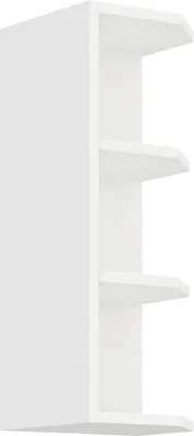 A white corner cabinet with three shelves, shown from a side angle.
