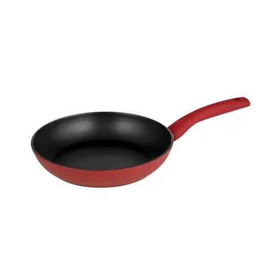 A red frying pan with a black interior and a red handle, shown against a white background.