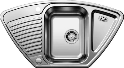 A top-down view of a stainless steel corner sink with a drainboard and a separate small basin.