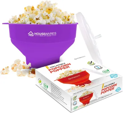 Produktbild von Faltbare Silikon Mikrowellen Popcorn Maker, mit Deckel und Griffen, Lila, fuer Partys