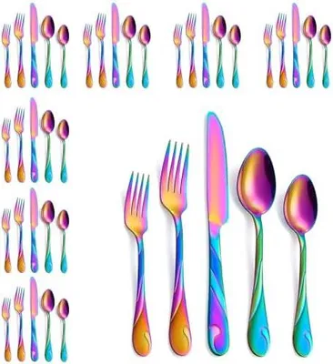Produktbild von Regenbogen Besteckset für 8 Personen, 40-teiliges Edelstahlbesteckset, glänzendes Regenbogenmetallbesteckset, einschließlich Gabel-, Messer- und Löffelset, spülmaschinenfest