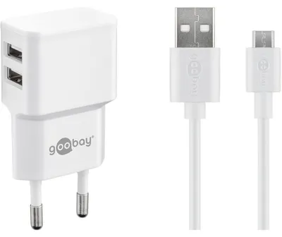 Obrázek produktu pro Goobay 44985 Micro-USB duální nabíjecí sada (12 W), bílá, 1 m - Napájecí jednotka s 2x USB porty, micro USB kabel, 1 m, bílá