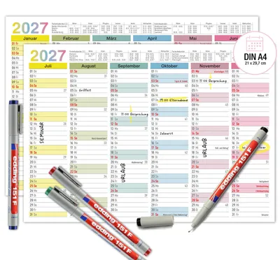 Produktbild von Tafelkalender 2027 abwischbar A4 Bunt - Wandkalender mit Ferien, Feiertagen & KW inkl. 4 Stifte
