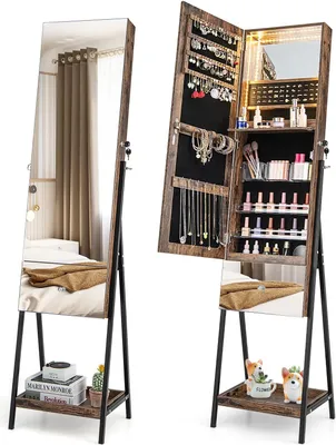 Produktbild von Schmuckschrank mit Spiegeln, Spiegelschrank mit 3 farbigen LEDs, Schmuckorganizer mit Schublade & Ablage, Schmuckregal abschließbar für Schlafzimmer Wohnzimmer (Braun)