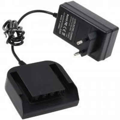 A black battery charger and its power adapter are shown against a white background.