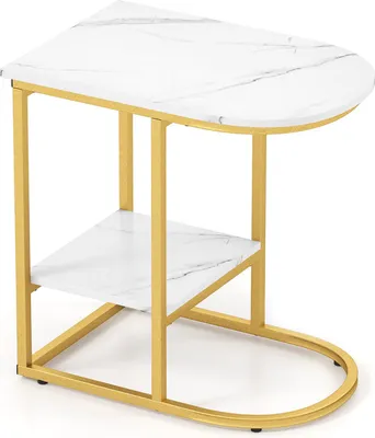 Immagine prodotto di Tavolino a C, tavolino a 2 livelli con piano in marmo artificiale e struttura in metallo dorato, moderno ripiano in piedi con spazio di archiviazione, 60 x 40 x 60 cm, bianco