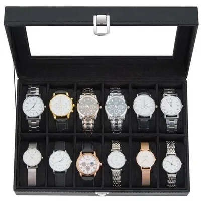 Productafbeelding van Elegante Horlogebox met 12 Compartimenten en Glazen Deksel