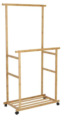 Produktbild von Rollender Kleiderständer - Kleiderständer mit Doppelstange - Bambus - Mit Ablagen und Rollen - 80 x 40 x 160 cm - Naturholz