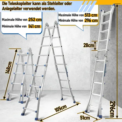 Obrázok produktu pre Jopassy teleskopický rebrík hliníkový ľahký 4x5 úrovní strieborný + multifunkčný multifunkčný rebrík viacúčelový rebrík výsuvný rebrík 15 stupienkov z kvalitného hliníka nosnosť 150KG