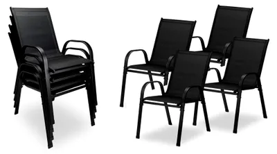 Produktbild von 4er Set Stapelstühle schwarz – Hochlehner Gartenstühle mit Armlehnen, stapelbare Terrassenstühle aus Textilene und pulverbeschichtetem Stahl, belastbar bis 120 kg, geeignet für Innen- und Außenbereiche