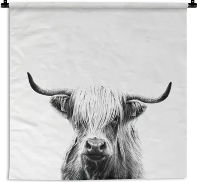 Produktbild von MuchoWow® Wandteppich Wandbehang Schottisches Hochlandrind - Horn - Schwarz - Weiß 150x150 cm Tapisserie Dekoration Wandtuch - Wohnaccessoires - Modernes