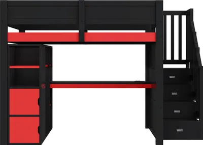 Produktbild von Flieks Etagenbett 140x200cm mit Led, Hochbett mit Schreibtisch und USB, Kinderbett Jugendbett mit Kleiderstange und Stauraum, Holzbett Schwarz Rot