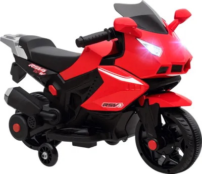 A red electric toy motorcycle with black accents and training wheels, shown from a three-quarter side view.