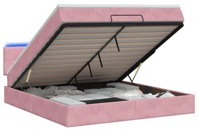 Image de Lit avec rangement et matelas LED rose, dimensions 180 x 200 cm, revêtement en velours