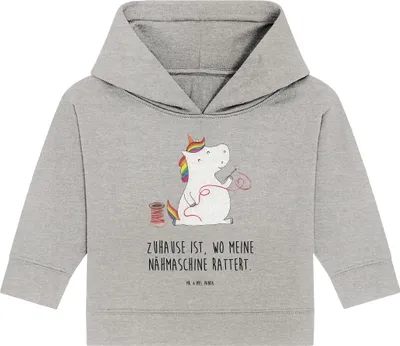 Produktbild von Mr. & Mrs. Panda Organic Baby Hoodie Einhorn Näherin 24. - 36. Monat - Heather Grey - Geschenk, Häkeln, Unicorn, Stricken, Kapuzensweatshirt, Kapuzenshirt, Nähen