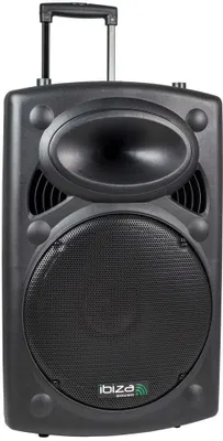 A black portable speaker with a retractable handle and wheels.