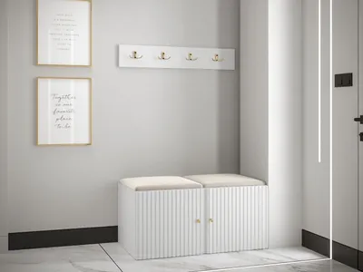 Produktbild von MIRJAN24 Garderoben-Set Orion Ryfel Slim VI, Schuhschrank, Kleiderhakenbrett, 2x Sitzpaneel 42x42, Metallgriffe, 4 Kleiderhaken (Farbe: Weiß, Manila 02)