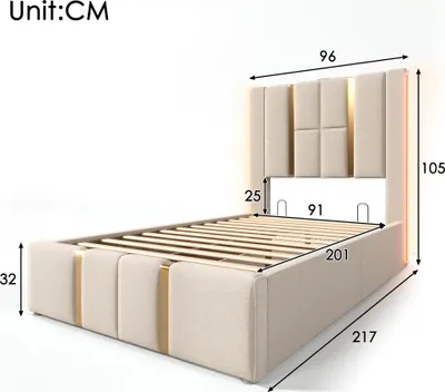 Obrázek produktu pro okwish Boxspring postel čalouněná postel 90 x 200 cm s hlavovou opěrkou s USB Type C nabíjecím portem, hydraulická úložná postel s úložným prostorem a APP ovládáním LED osvětlení (bez matrace), béžová