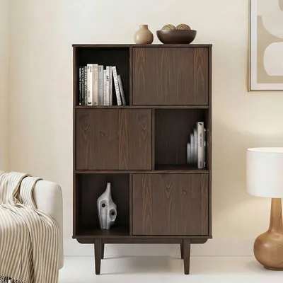Produktbild von Highboard SIMONA mit 3 Türen, Nussbaum farben – Wohnzimmer Kommode mit Regal und Türen für geschlossenen Stauraum Vintage Highboard Wohnzimmerschrank Modern Retro Schrank Design