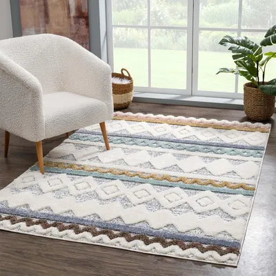 Produktbild von Teppich Hochflor Wohnzimmer - 80x150 cm - Boho Ethno Creme Multi - Hochtief-Muster/ 3D-Effekt