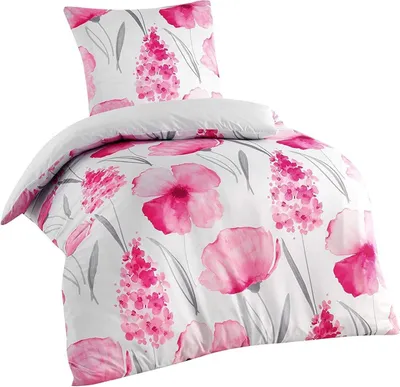 Produktbild von 2-tlg Mikrofaser Bettwäsche Set Bettgarnitur Bettbezug 155x220 + 80x80 cm Weiß Rosa Blume