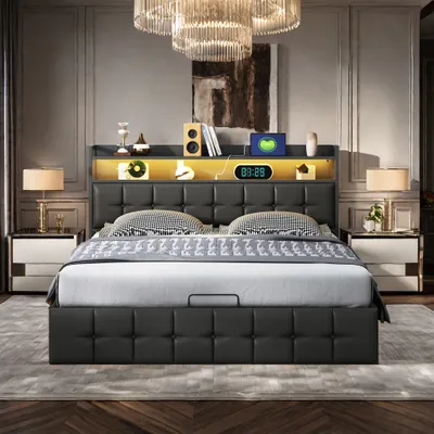 Produktbild von UnboxG Polsterbett 160x200cm mit USB-Ladeanschluss & Typ-C, Doppelbett Jugendbett mit LED, Hydraulisches Stauraumbett Boxspringbett mit Lattenrost, PU, Schwarz