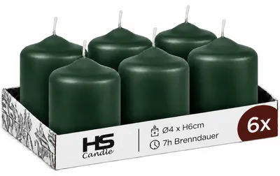 Produktbild von Stumpenkerzen Dunkelgrün Ø4xH6 cm 6er-Pack – unbeduftete Blockkerzen, Wachskerzen ca. 7 Std. Brenndauer, für Tischdeko, Advent und Feste