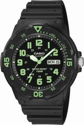 A black Casio watch with a black strap and a black dial with green numbers and hands.