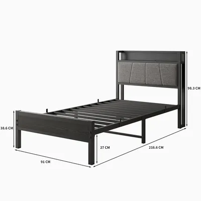 Image de okwish Lit métallique rembourré 90x200 cm avec sommier, ports USB, tiroir et tête de lit rembourrée, lit moderne pour adolescents, sans matelas