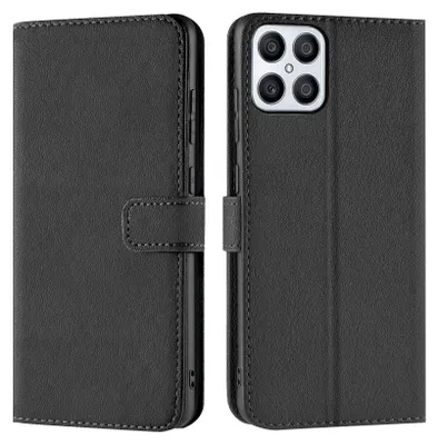 A black book-style phone case for a Honor X8 is shown from the front and back.