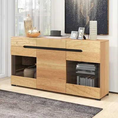 Produktbild von Merax Sideboard Modern aus Wildeiche und Spannplatte mit LED-Beleuchtung und Glasablage 80x140x35 cm