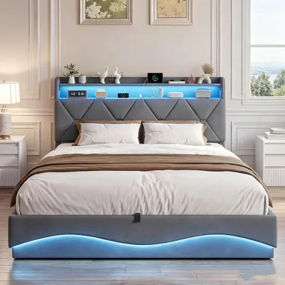 Obrázok produktu pre INONEFT Posteľ s pružinovým roštom, čalúnená, 160x200 cm, s LED osvetlením a USB/C portmi, hydraulická posteľ pre deti s úložným priestorom, dvojlôžko s pružinovým roštom, zamat, sivá farba