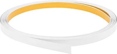 A roll of white trim with a yellow adhesive backing is shown against a white background.