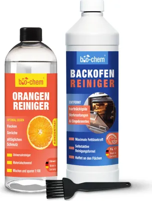 Produktbild von bio-chem Küche Spezialreiniger Power DUO: 1x Backofenreiniger 1L + Pinsel & 1x Orangenreiniger Konzentrat 0,75L - Fettlöser für stark Eingebranntes & Allzweckreiniger für jeden Schmutz - DE