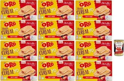 Produktbild von Oro Saiwa Vitasnella, Cereal Yo On Frutti Rossi e Yogurt, Kekse mit weicher Füllung von roten Früchten und Joghurt, Faser- und Magnesiumquelle, 12x 253g + Italian Gourmet polpa 400g