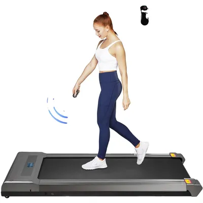 Productafbeelding van VEVOR onderbureau loopband, loopband voor thuisgebruik, LED-loopband voor binnen, loopmachine met afstandsbediening, snelheid 1-6,0 km/u, draagbare, slanke loopband voor indoor training (grijs, zonder handgrepen)