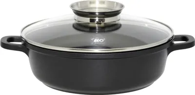 A black pot with a glass lid and silver handles is shown against a white background.